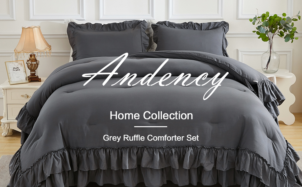 Andency Dark Grey Comforter Set Full, Gray Ruffle Shabby