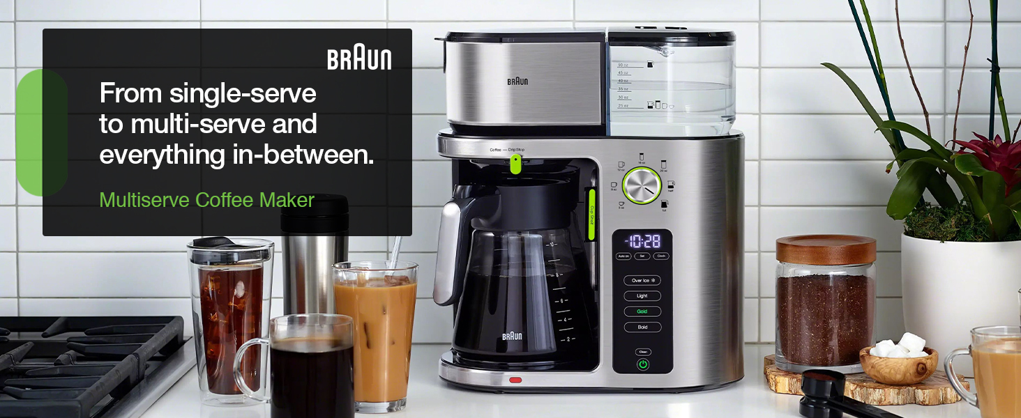 Braun MultiServe Coffee Machine, 7 Programmable Brew Sizes / 3 Strengths + Iced Coffee, Golden