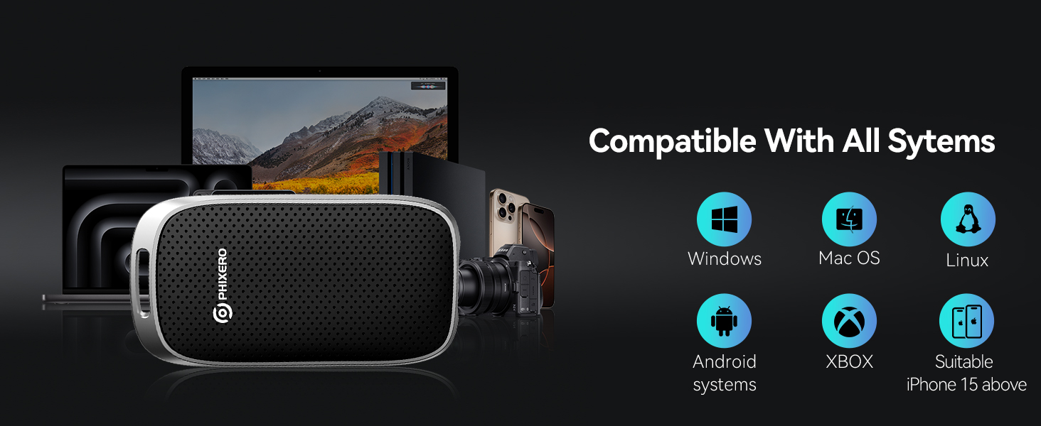 Virtual reality headset with black mesh front, shown alongside icons indicating compatibility with various operating systems including Windows, Mac, Linux, Android, Xbox, and iPhone.
