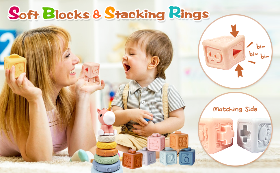 Soft building blocks and stacking rings for children, showing wooden blocks with letters and numbers, and colorful plastic rings.