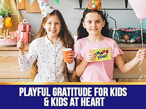 Two girls are holding a balloon and a thank you cards fun.