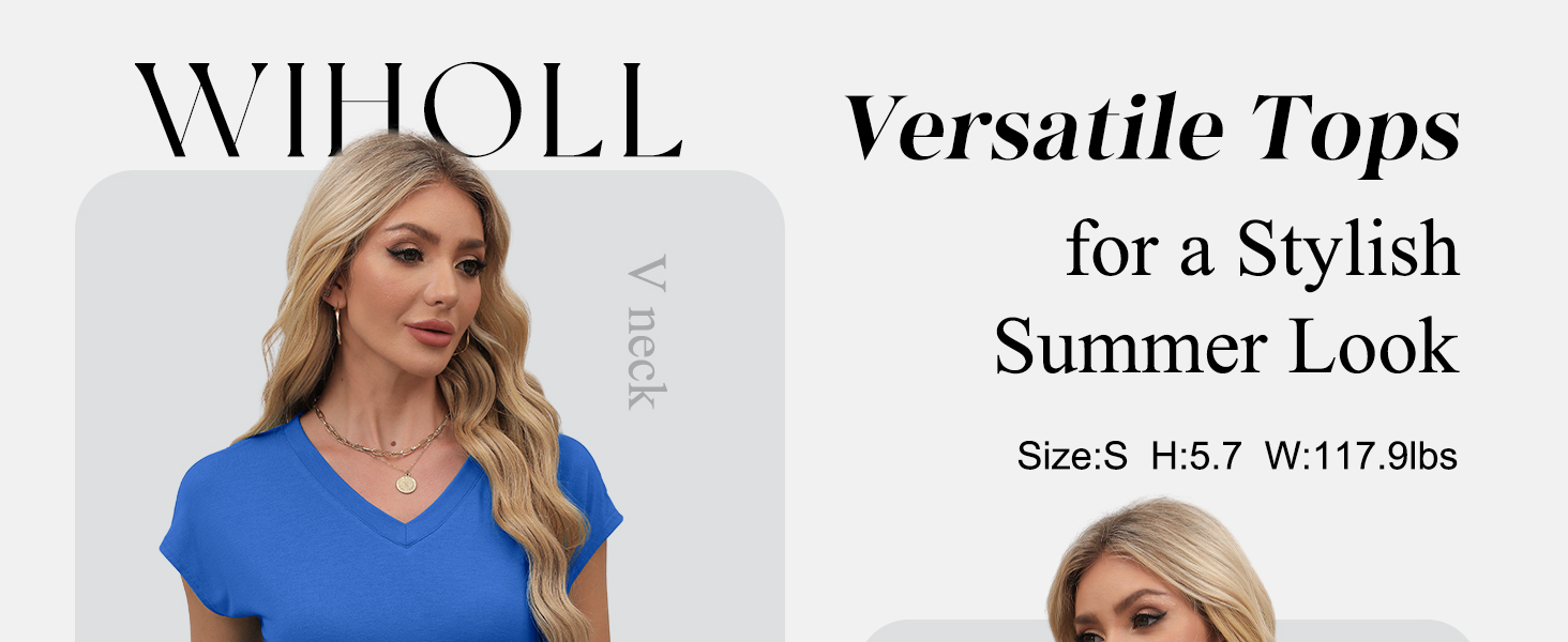 WIHOLL T Shirts for Women V Neck Summer Tops Cap Sleeve Basic Tshirts Loose Fit Casual Tees WTS9175