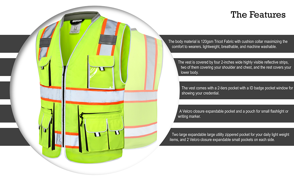 JKSafety 10 Pockets Class 2 Hi-Vis Zipper Front Yellow