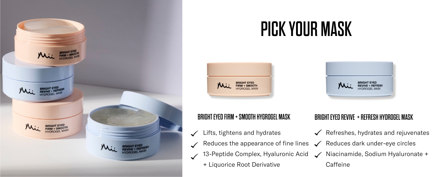 Text reads 'PICK YOUR MASK'. Display of circular mask containers with checkboxes and product descriptions below.