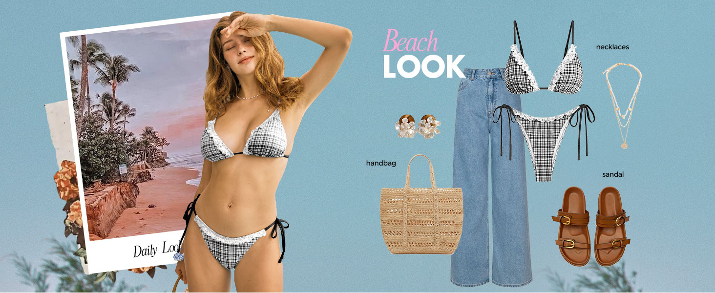 ZAFUL Women's Chic Triangle Spaghetti Straps Tie Side Bikini Swimsuit