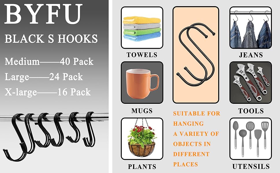 BYFU 15 Pack Black S Hook Hanging, Heavy Duty S Shaped