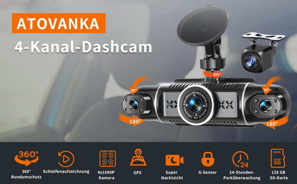 ATOVANKA 4Kanal DashCam, FHD 1080Px4 Vorne, Links, Rechts und Hinten,360 Grad Auto Kamera mit