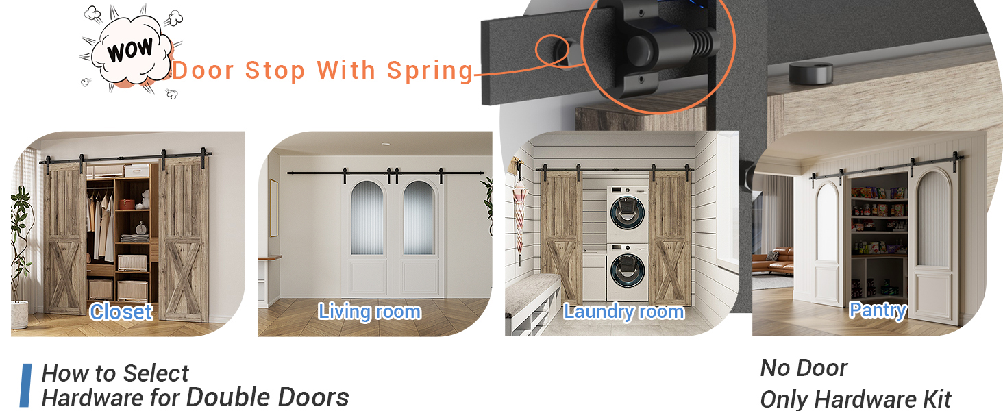 Der Text lautet „Türstopper mit Feder“, „Geeignet für jede Art von Wohnumgebung“, „So wählen Sie Beschläge für Doppeltüren aus“, „Nur für Türen ohne Tür“. Mehrere Bilder zeigen den Installationsvorgang für Türbeschläge.