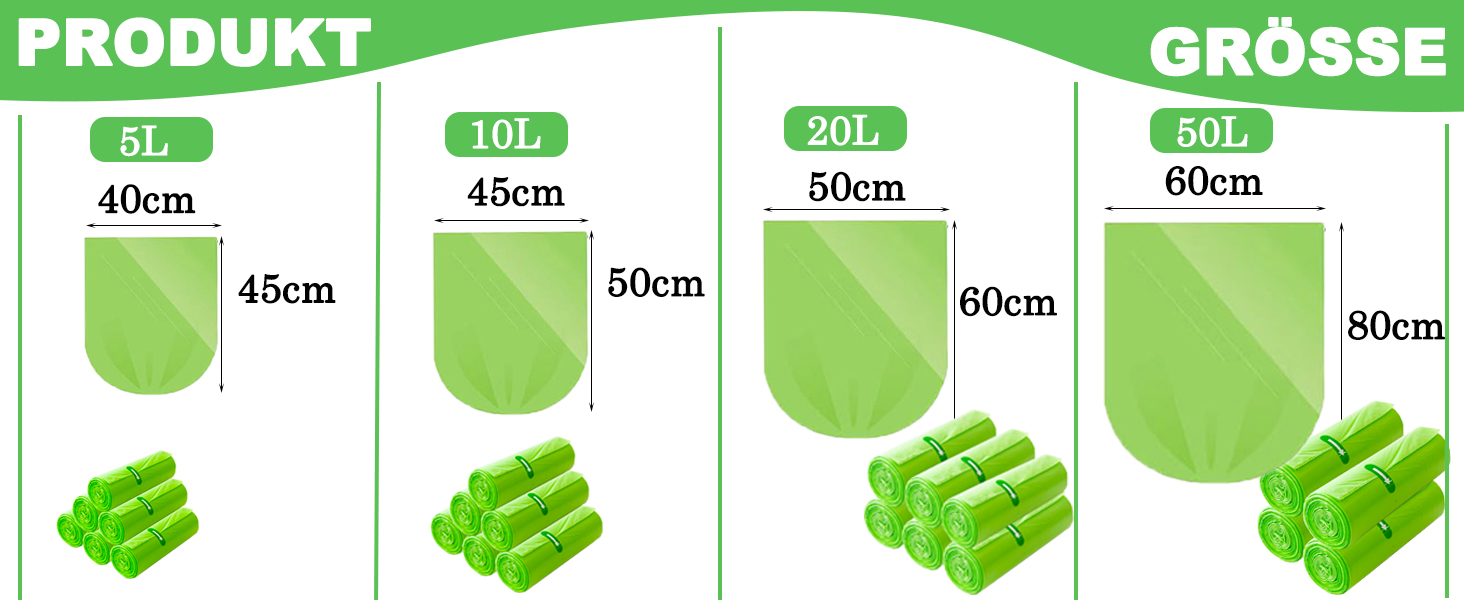 Größentabelle mit grünen Produktabmessungen in vier Größen: 5 l (40 x 45 cm), 10 l (45 x 50 cm), 20 l (50 x 60 cm) und 50 l (60 x