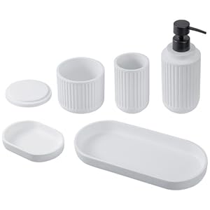 5 piece bathroom accessory set with white ceramic ribbed design