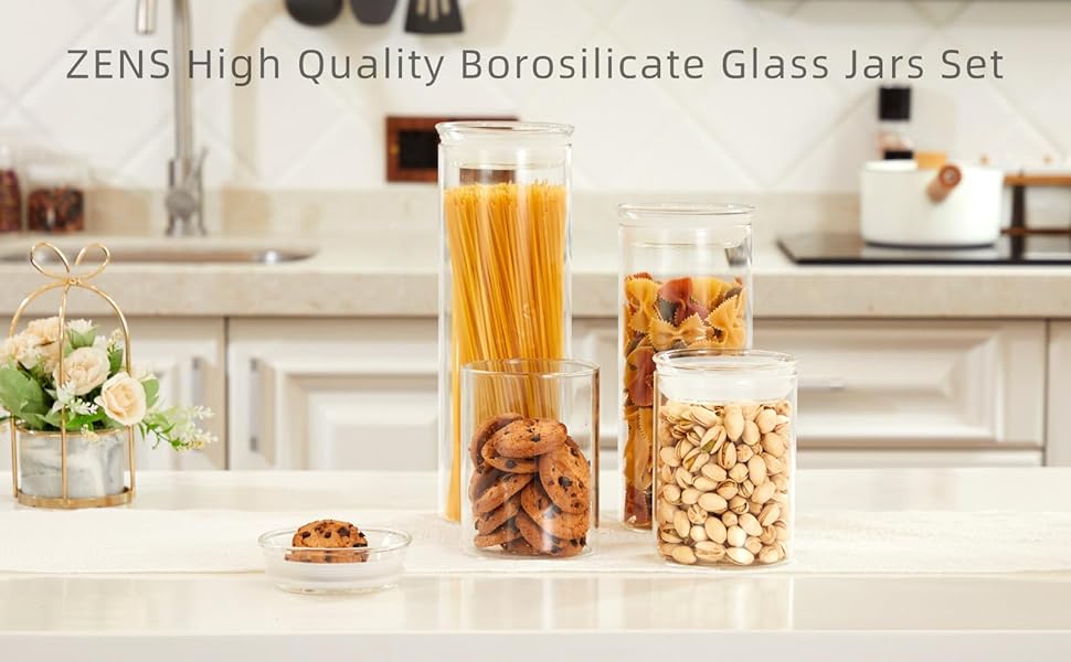 ZENS Glass Tall Containers Jars, Airtight Spaghetti Jar with Glass Lids