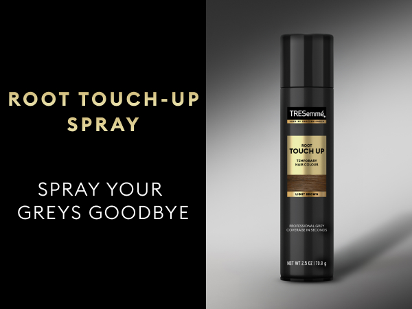 Black background with a TRESemmé black spray bottle featuring gold accents on a light gray surface.