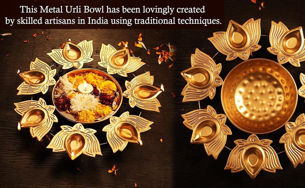 Ornate metal bowl with flower-shaped compartments surrounding a central dish. Golden finish with intricate leaf-like designs.