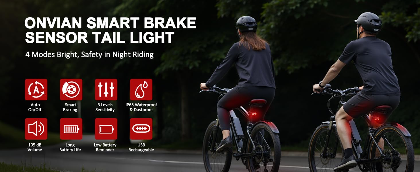 ONVIAN 2 in 1 Bike Alarm with Taillight, USB Rechargeable 105dB Anti-Theft Bicycle Alarm Brake Sensing Rear Light, IP65 Waterproof 4 Modes Safety Flash,Vibration Sensor Ebike Warning 1.5H Fast Charge Visit the Onvian Store Smart Alarm Tail Light1