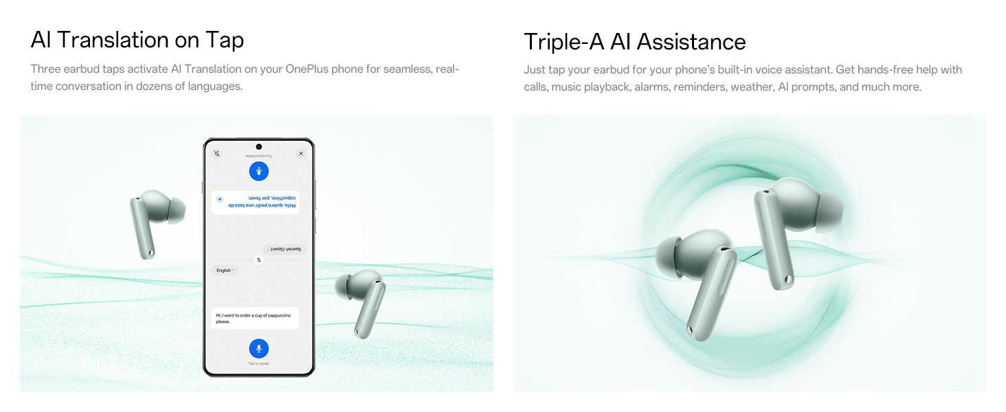 Text reads 'AI Translation on Tap' and 'Triple-A AI Assistance'. Split image showing smartphone interface with translation feature and wireless earbuds with soft teal graphics.