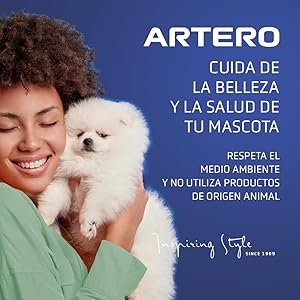ARTERO Pretty Eyes Eye Cleaner and Tear Zone Removes Tear Spots from Dogs and Cats, Eye Cleaner Dogs, Natural Ingredients, Hygiene for Dogs and Cats. 20 de los productos Artero para el cuidado de mascotas. Presenta a una mujer sonriente que sostiene un perro blanco de Pomerania. El texto enfatiza la belleza, la salud y el respeto ambiental de las mascotas sin productos de origen animal