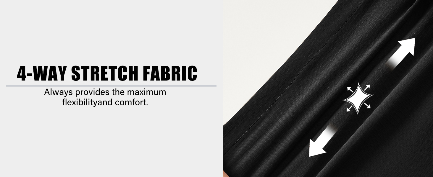 Close-up of black fabric with text '4-WAY STRETCH FABRIC' and directional arrows. Promises maximum comfort and stretch in all directions.