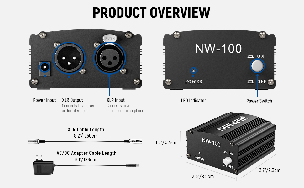 Neewer 1 Channel 48V Phantom Power Supply with Adapter, Bonus+XLR 3 Pin