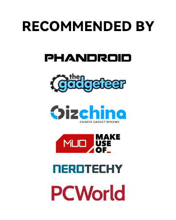Logos of technology review websites and publications, including Phandroid, The Gadgeteer, Bizching, MUO, Nerdtechy, and PCWorld, under the text 'RECOMMENDED BY'.