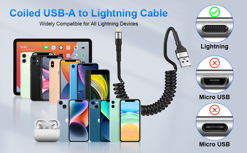 Coiled Lightning Cable Apple Carplay & MFi Certified, Retractable iPhone Charger with Data Sync