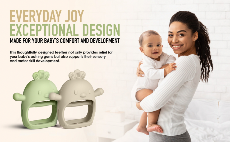 Set of 2 silicone baby teething toys in green and beige