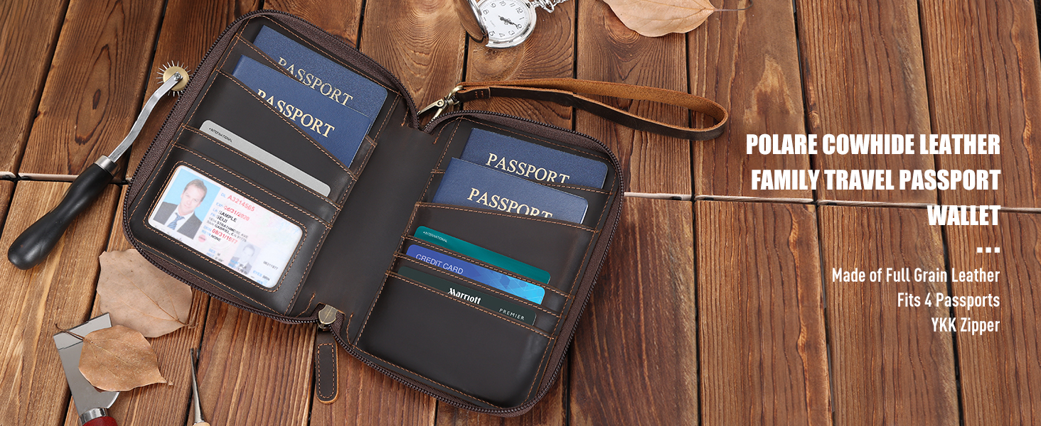cowhide leather family travel passport wallet