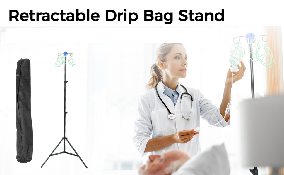 IV Pole Stand with 4 Hooks, 3 Net Bags & 1 Storage Bag, Retractable