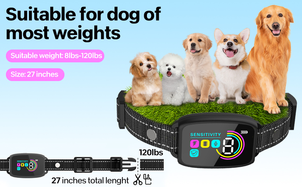 Dog training collar with 27-inch length, suitable for dogs 6-120 lbs. Features digital display and artificial grass platform. Five dogs of various breeds and sizes shown.