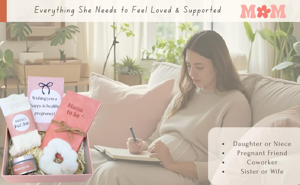 Mom-to-be writing in pregnancy planner notebook while relaxing with candle and fuzzy socks