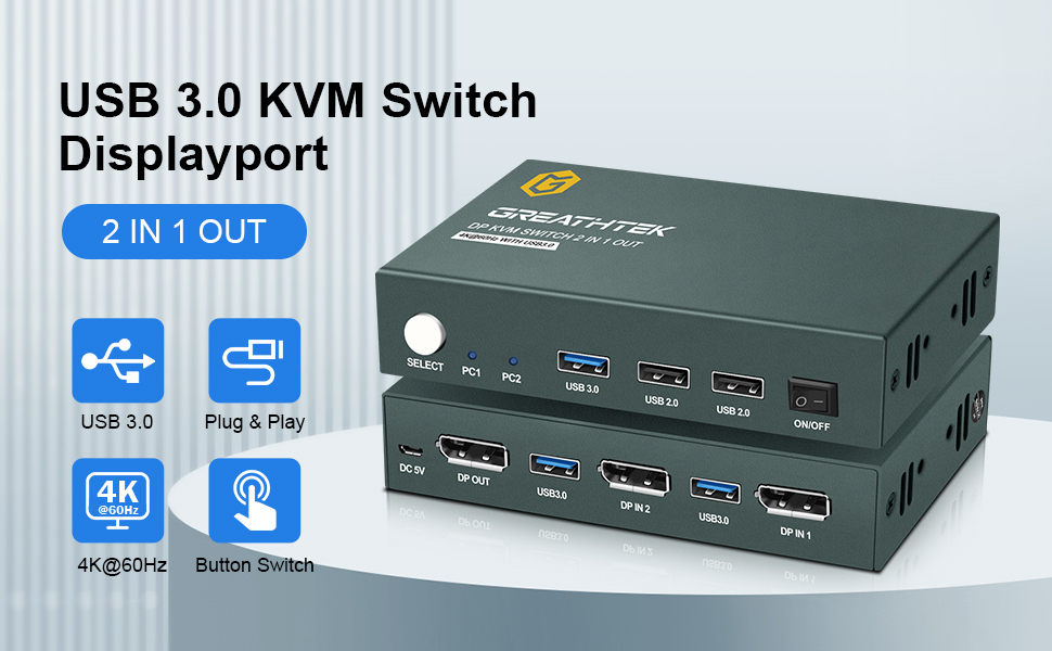 USB 3.0 KVM Switch Displayport 4K60Hz, Displayport KVM with 3 USB Hubs