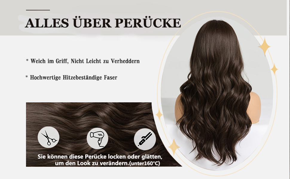 24 Zoll dunkelbraune Perücke mit Pony. Lange, lockige, natürliche, synthetische, hitzebeständige Perücke für Frauen._voghion.com