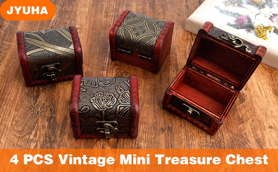 JYUHA 4 PCS Mini Wooden Treasure Chests, Vintage Wooden Jewellery Box