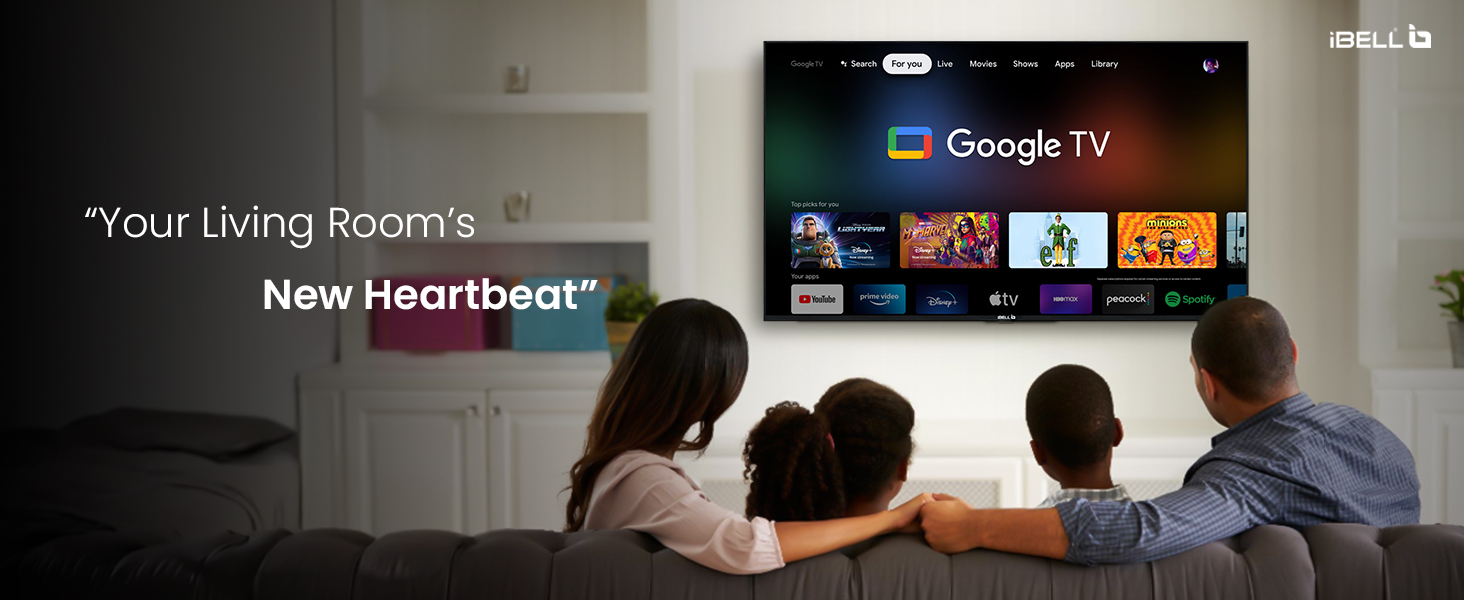 Family watching iBELL 32 Smart TV in living room with vibrant frameless Full HD display.