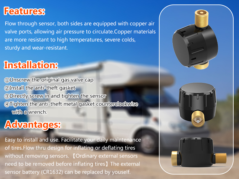 BQtech 3.2inch RV Tire Pressure Monitoring System with 6 Flow Thru