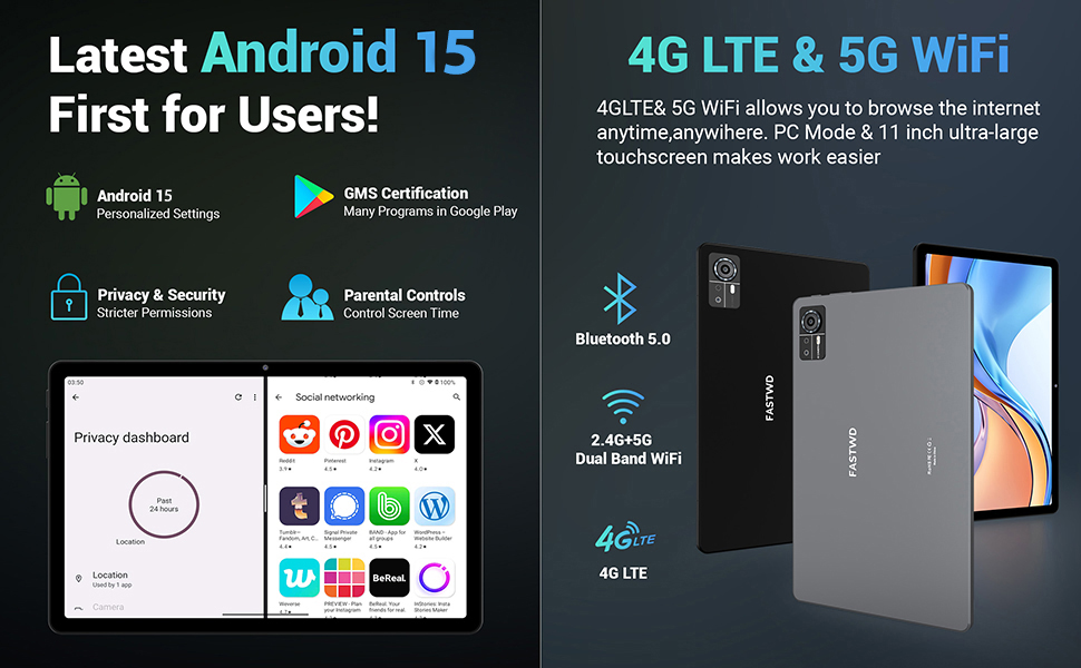 El texto dice: «Lo último en Android 15», «4G LTE y 5G WiFi», «¡Lo primero para los usuarios!». Banner de marketing que muestra las funciones del dispositivo móvil con iconos de conectividad e información del sistema operativo.