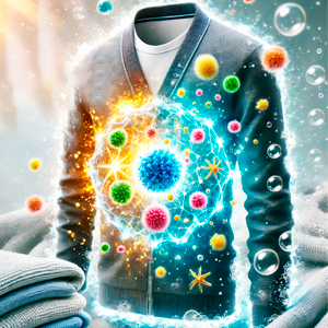 Ilustración de una camisa de vestir con un patrón brillante y multicolor de esferas, estrellas y efectos de energía que emanan de la zona del pecho sobre un fondo