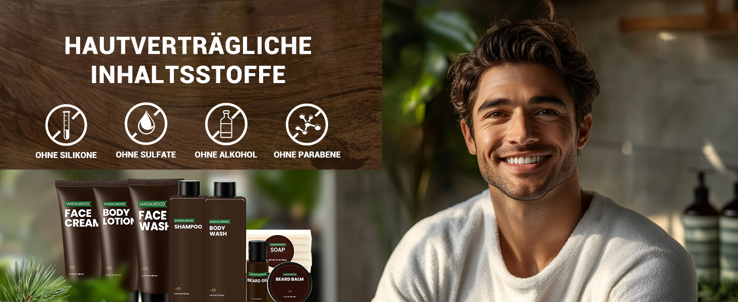 Der Text lautet „HAUTVERTRÄGLICHE INHALTSSTOFFE“. Marketing-Präsentationsfolie mit Produktmerkmalen mit Symbolen und Demonstrationsbildern.