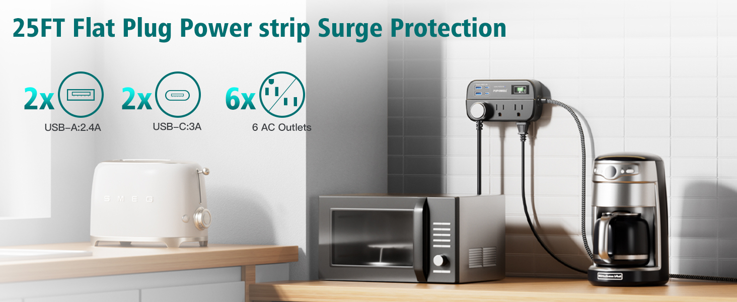 25 FT Flat Extension Cord, Power Strip with Surge