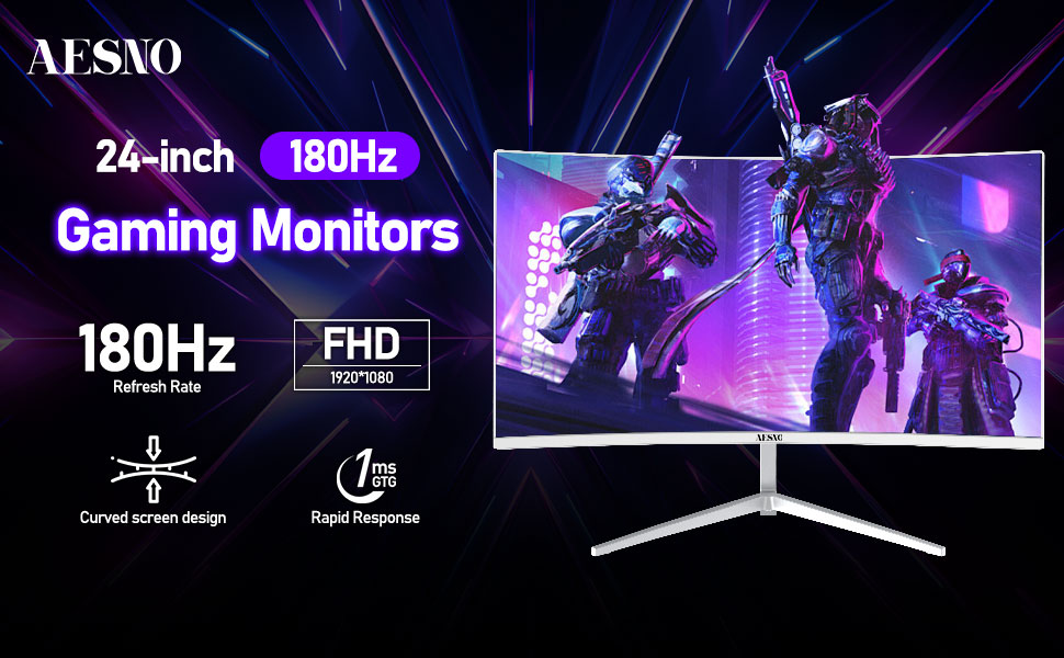 AESNO 24 Inch Monitor 180Hz FHD Gaming Monitor Curved 3000R