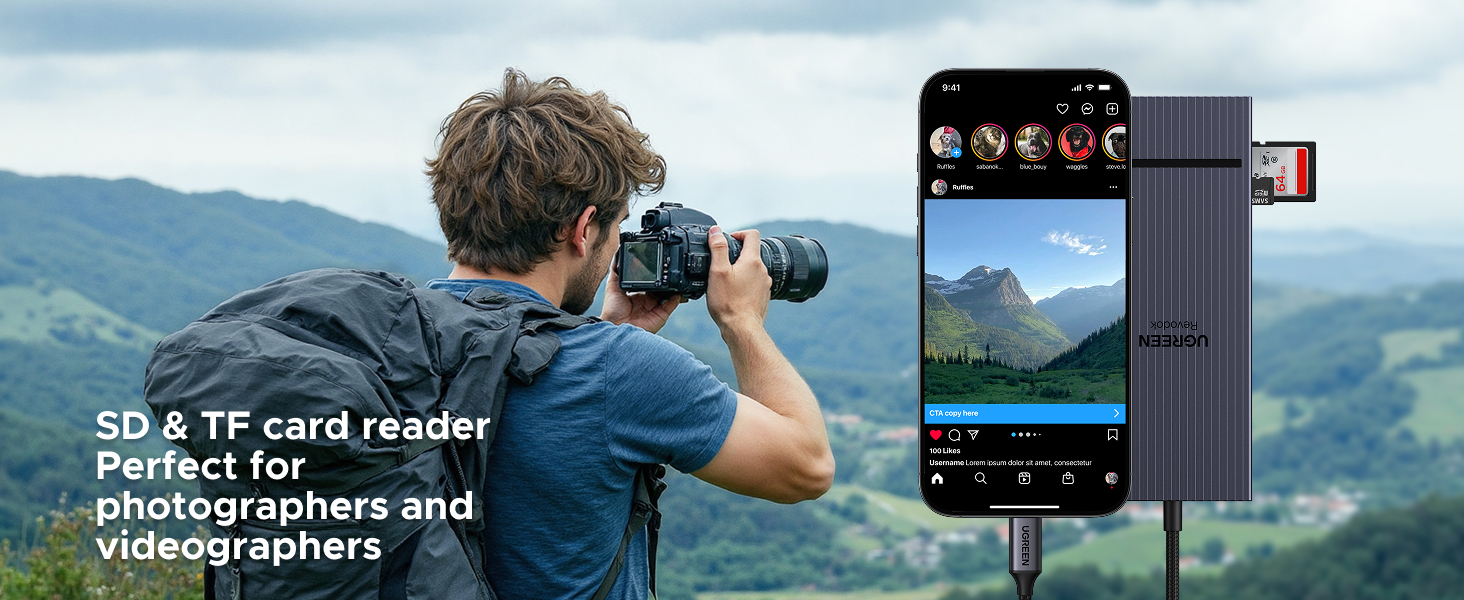 SD and TF card reader device next to smartphone displaying mountain landscape. Person using DSLR camera in background, demonstrating product's use for photographers.