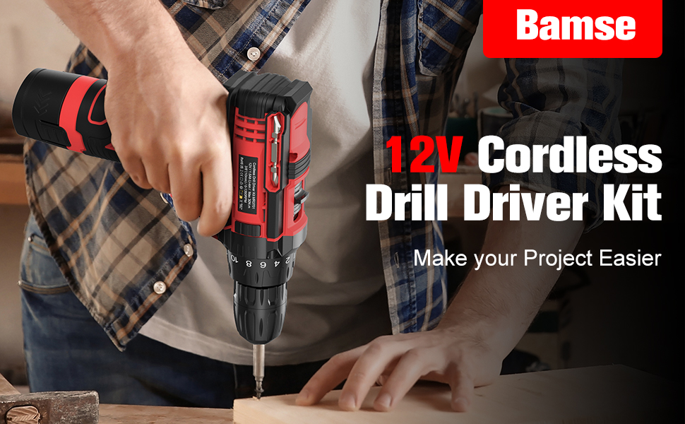 Bamse Cordless Drill Driver 12V, Electric Screwdriver with 18+1 Torque