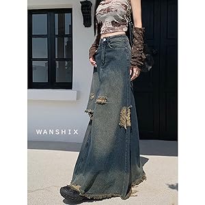 Amazon.co.jp: [WANSHIX] デニムスカート くるぶし丈