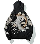Sukajack Dragon Phoenix Embroidered Men's Hoodies Oversized Streetwear Vintage Pullover Sweatshir...