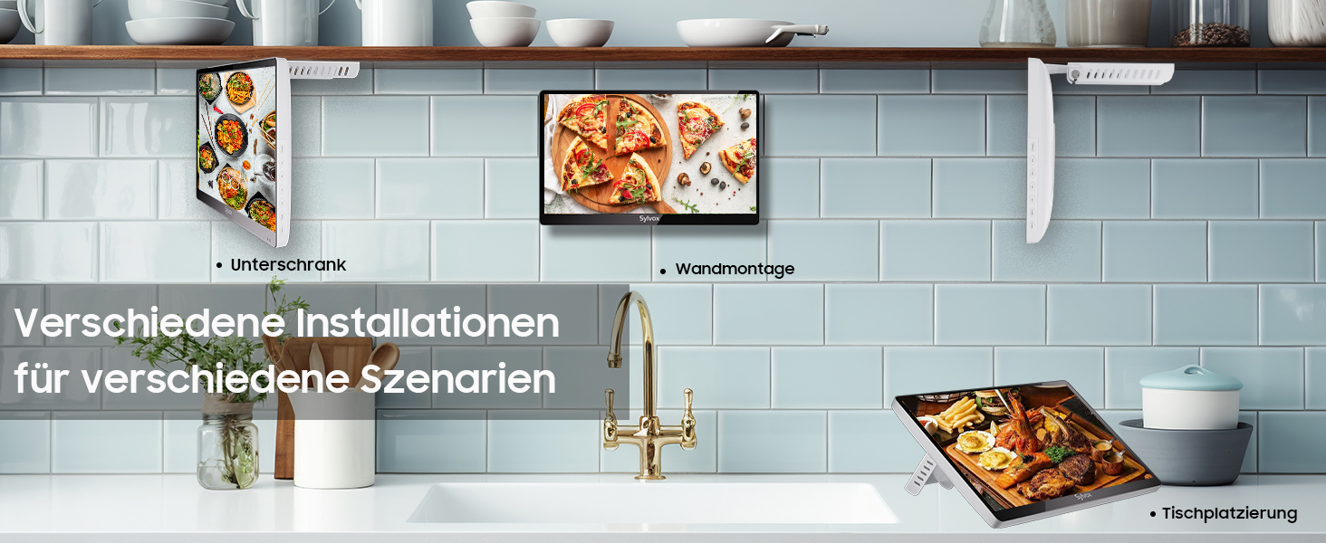 Küchenwand mit digitalen Displays mit Bildern von Lebensmitteln. Der Text lautet „Verschiedene Installationen für verschiedene Szenarien“ und weist auf mehrere Installationsoptionen für verschiedene Szenarien