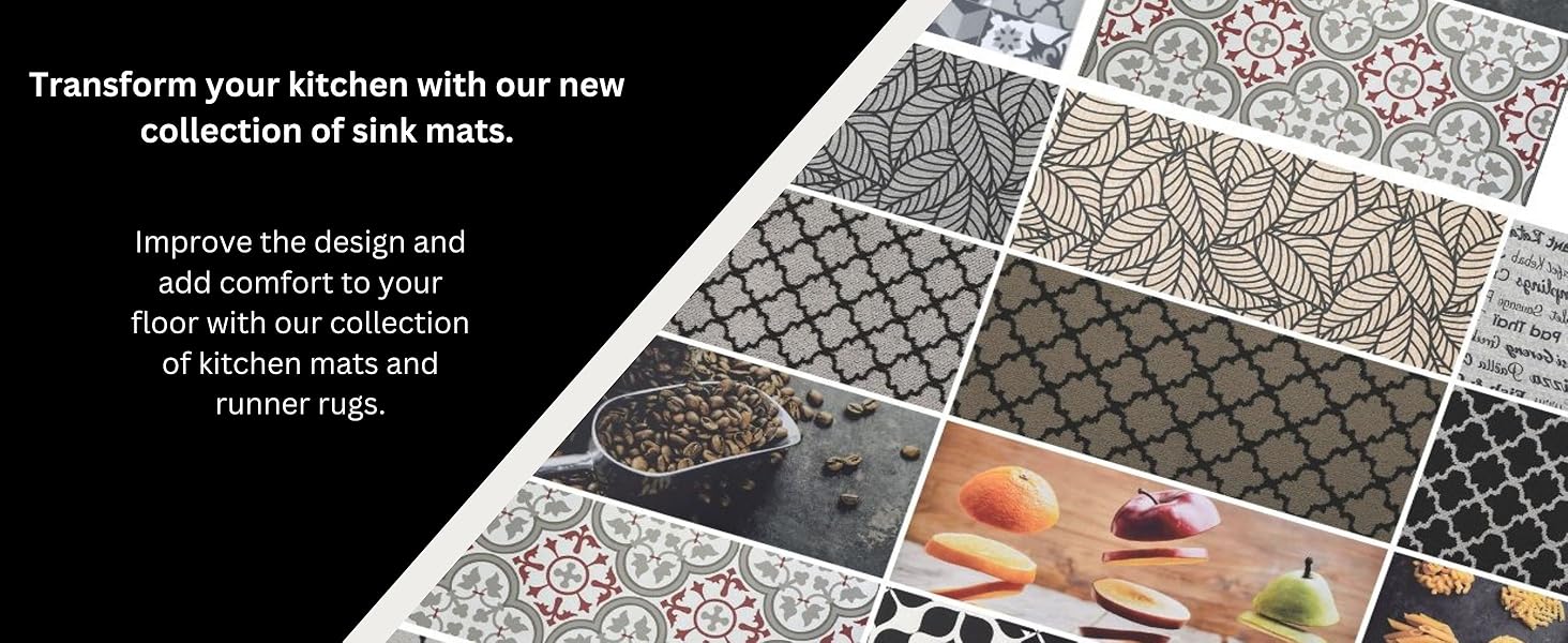 Assorted kitchen mats and runner rugs with various patterns and culinary themes