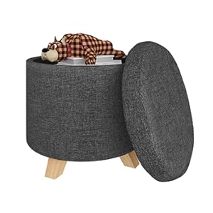 WOLTU Round Ottoman Storage Pouffe Stools Linen Footstools Dressing Vanity Chairs Dark Grey 14 s