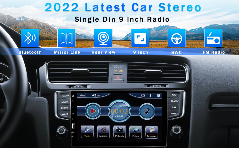 CAMECHO Single Din Car Stereo with Bluetooth 9 Inch Touch Screen Car