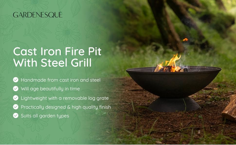 Gardenesque 56cm Cast Iron Fire Pit With Steel Log Grate Great for