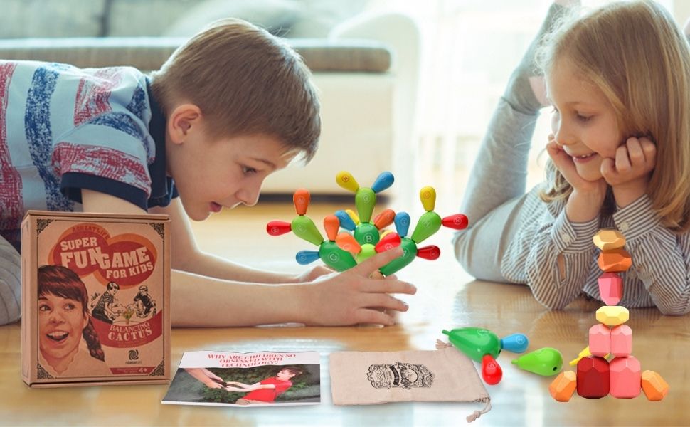 38 PCs Wooden Stacking Stones & Wooden Cactus Toy for Fine Motor Cactus Game