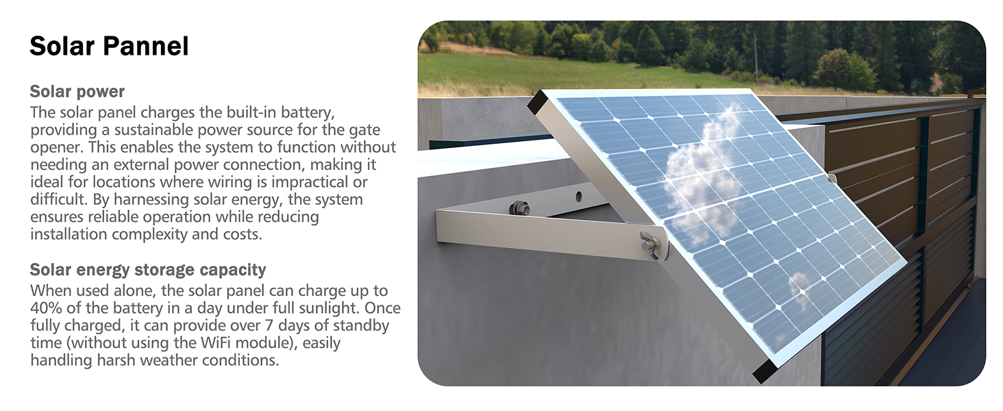 Sliding gate opener with 32~35V solar panel, plug-and-play energy solution